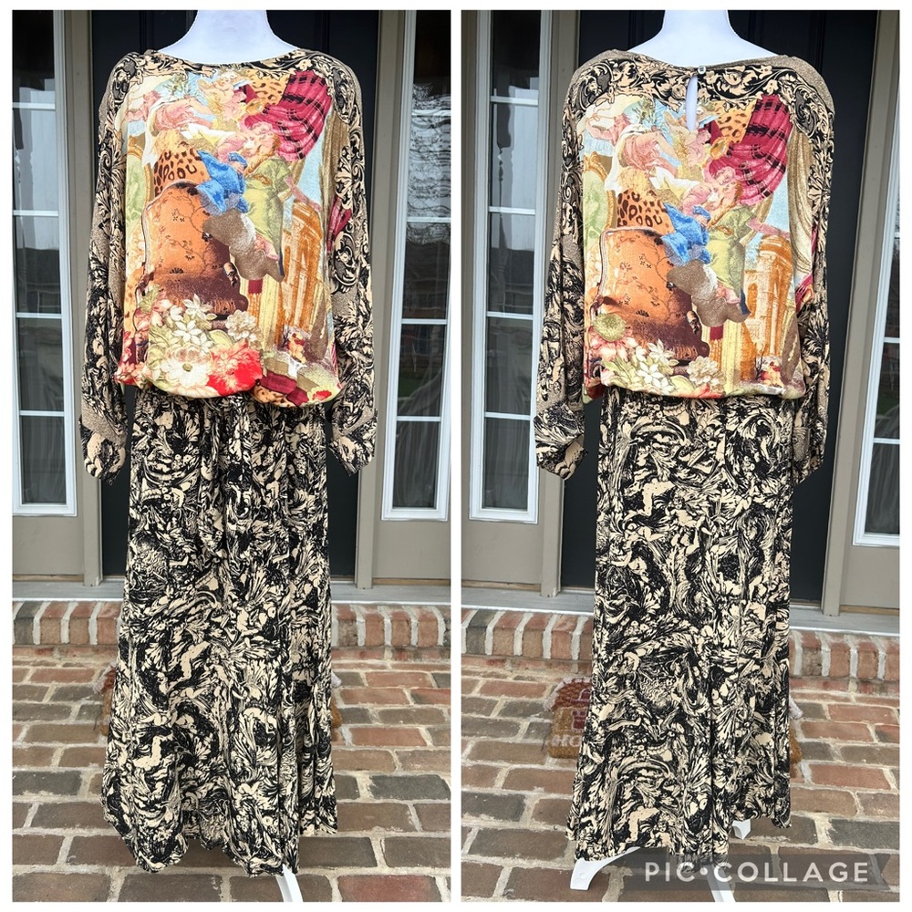 Vintage 90s Carole Little Blouson Drop Waist Cherub Baroque Rococo Maxi Dress L